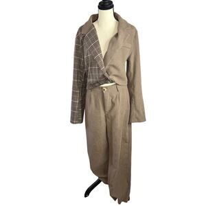SHEIN Brown Plaid Mixed Media Blazer & Wide Leg Pants Set Size L